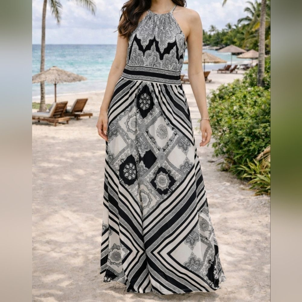London Style Size 14 Paisley Halter Maxi Dress Black White Resort Summer